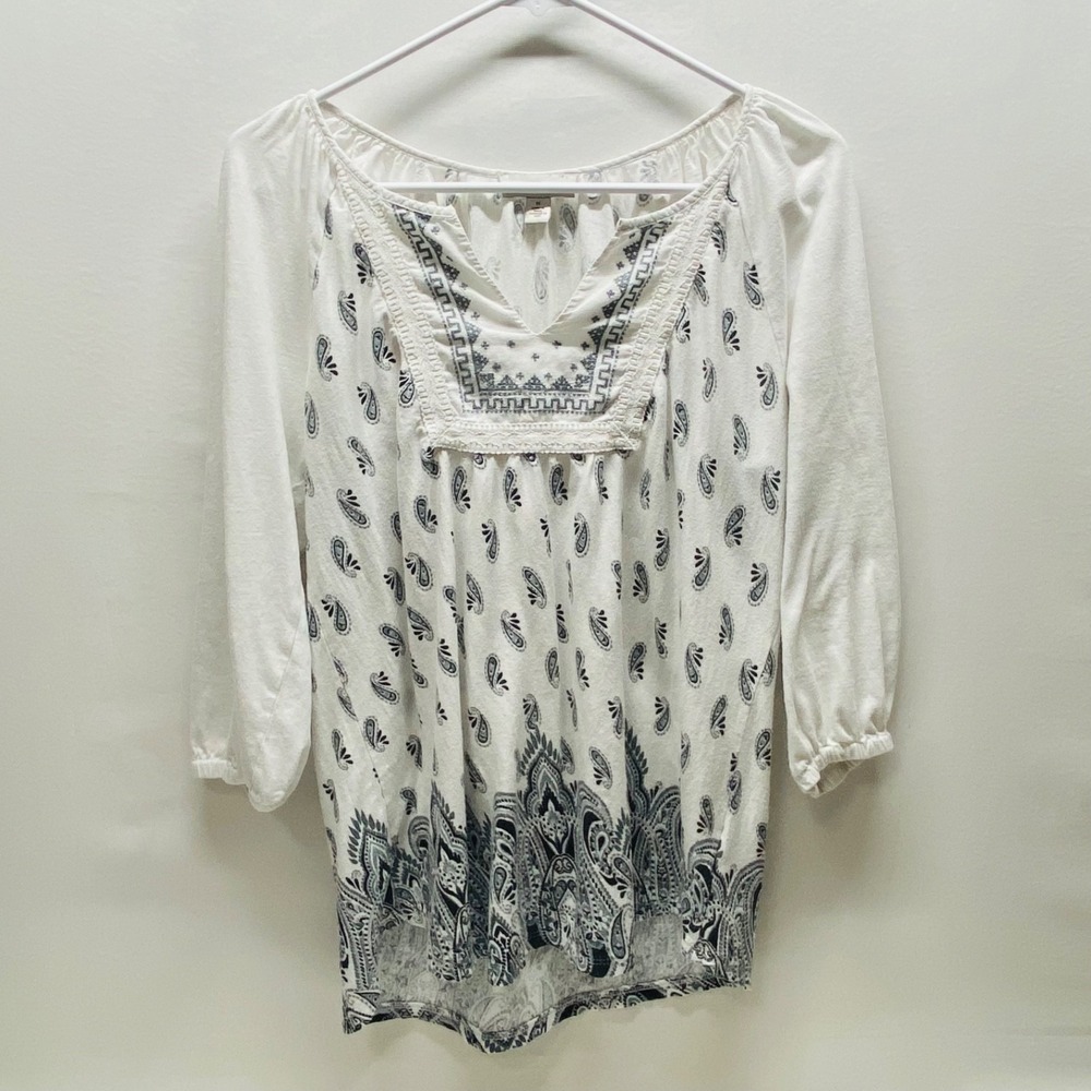 Vintage America Pheasant Top Women's Medium White Blue Paisley 3/4 Sleeve Boho